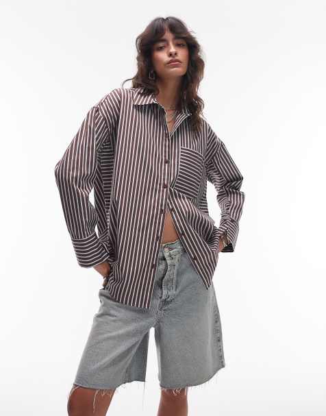 Topshop - Oversized gestreept overhemd in bruin en blauw - view 1