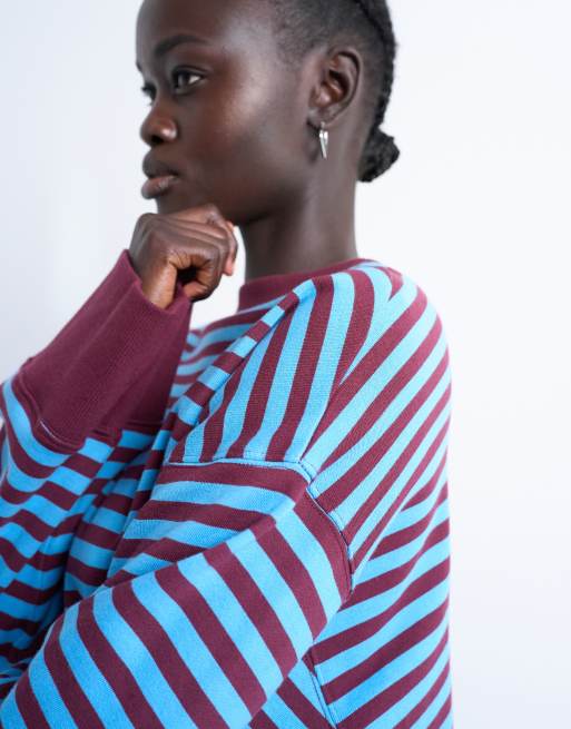 Topshop - Oversized gestreepte sweater met brede manchetten in blauw en bordeauxrood, 3 van 4