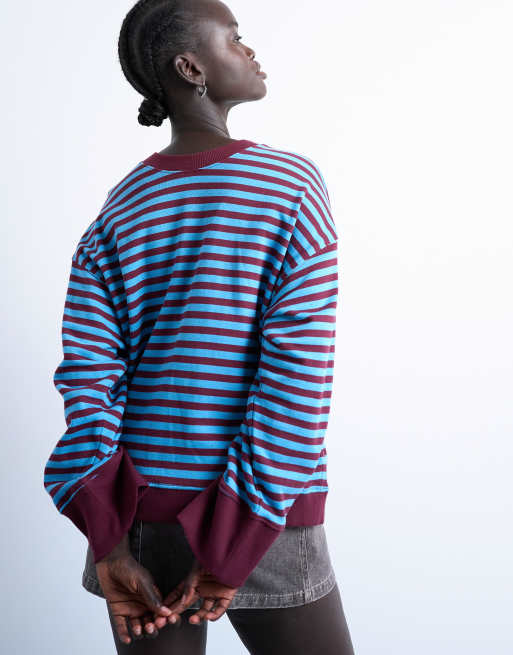 Topshop - Oversized gestreepte sweater met brede manchetten in blauw en bordeauxrood, 4 van 4