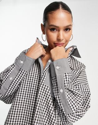 Topshop oversized gingham check patch shirt in chocolate