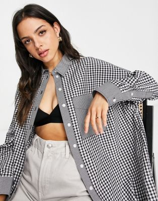 Topshop oversized gingham check patch shirt in monochrome