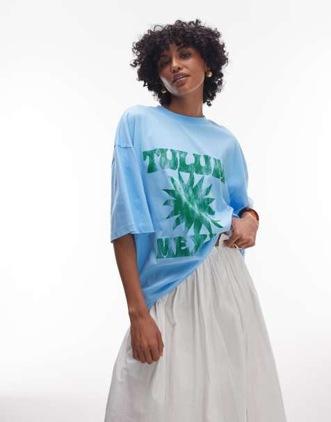 Topshop oversized graphic Tulum T-shirt in turquoise - view 1
