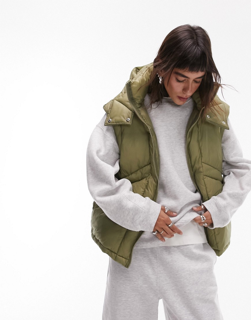 Topshop oversized hooded puffer gilet with seam details in khaki-Green