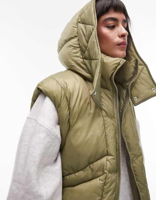 Topshop oversized hooded puffer gilet with seam details  in khaki, 2 of 4