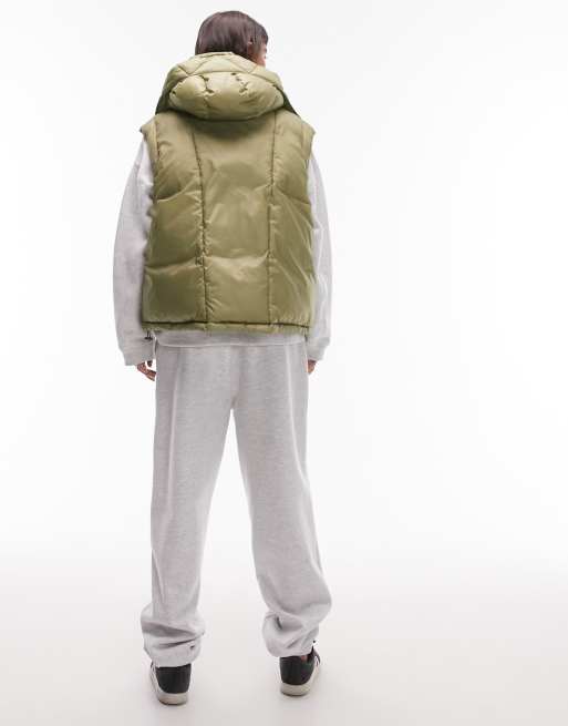 Topshop oversized hooded puffer gilet with seam details  in khaki, 4 of 4