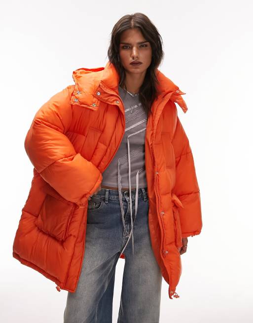 Topshop oversized hooded puffer jacket with front pockets in bright orange