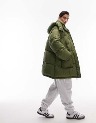 Topshop Oversized Hooded Puffer Jacket With Front Pockets In Khaki-green