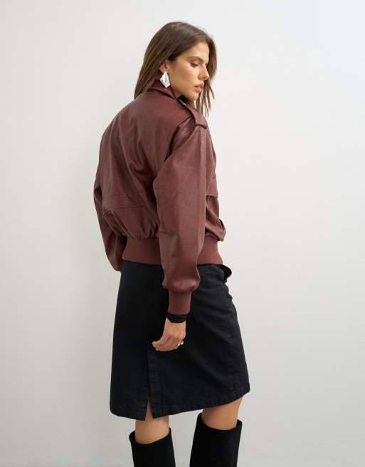 Topshop oversized imitatieleer bomberjack in bordeauxrood, 4 van 4