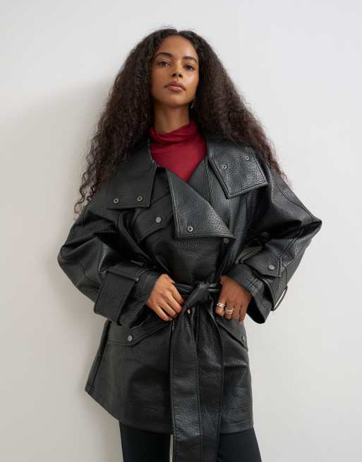 Topshop oversized jakke i imiteret læder i mellemlang længde med bælte, sort, 1 af 4