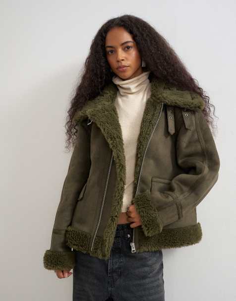 Topshop oversized jakke med kravedetalje i imiteret lammeskind i khaki - view 1