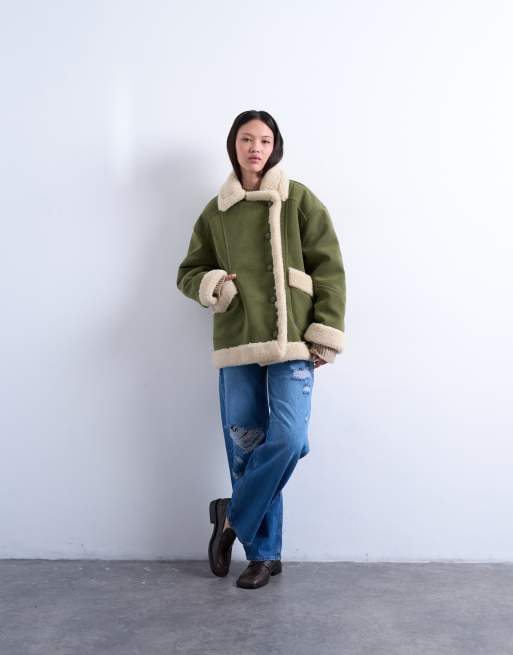 Topshop - Oversized jas van imitatiesuède en schapenvacht in olijfgroen, 2 van 4