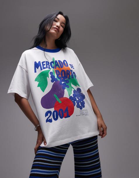 Topshop - Oversized jersey T-shirt met contrasterende rand en grafische 'Mercado de porto' print in wit - view 1
