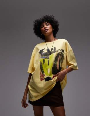 DESIGN - Oversized T-shirt met grafische bloemenprint met gestreepte rand in crème