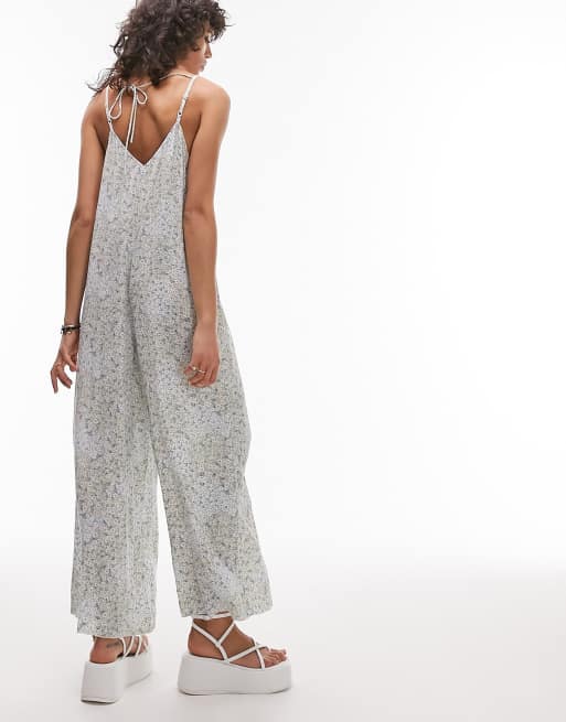 Topshop - Oversized jumpsuit met veters achter in blauwe bloemenprint, 2 van 4