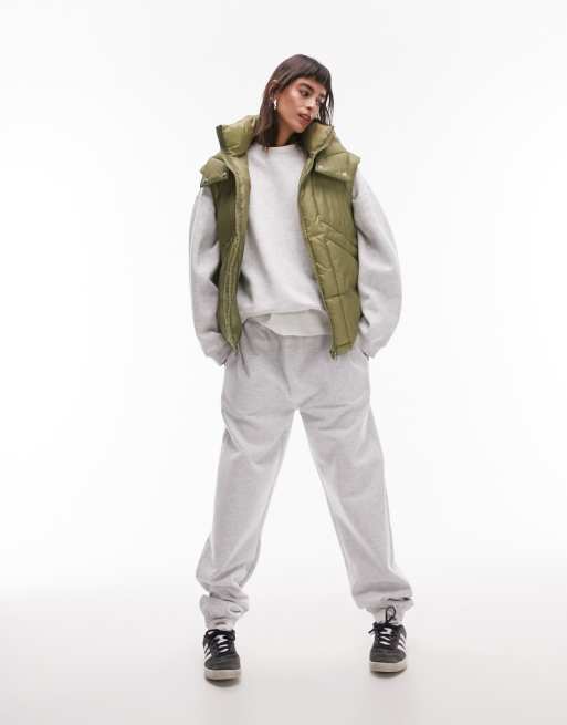 Topshop - Oversized kakifarvet dynevest med hætte og sømdetaljer, 3 af 4