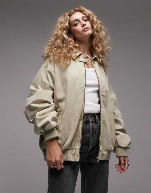 Topshop - Oversized katoenen bomberjack in kaki met super acid wash