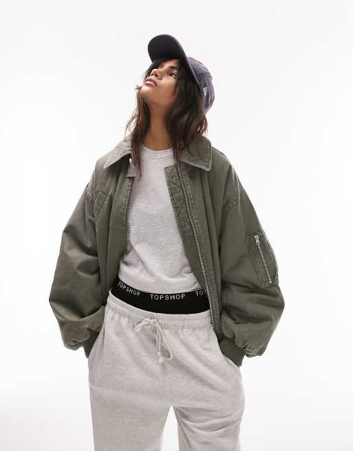 Topshop - Oversized katoenen bomberjack met kraagje en wassing in kaki, 4 van 4