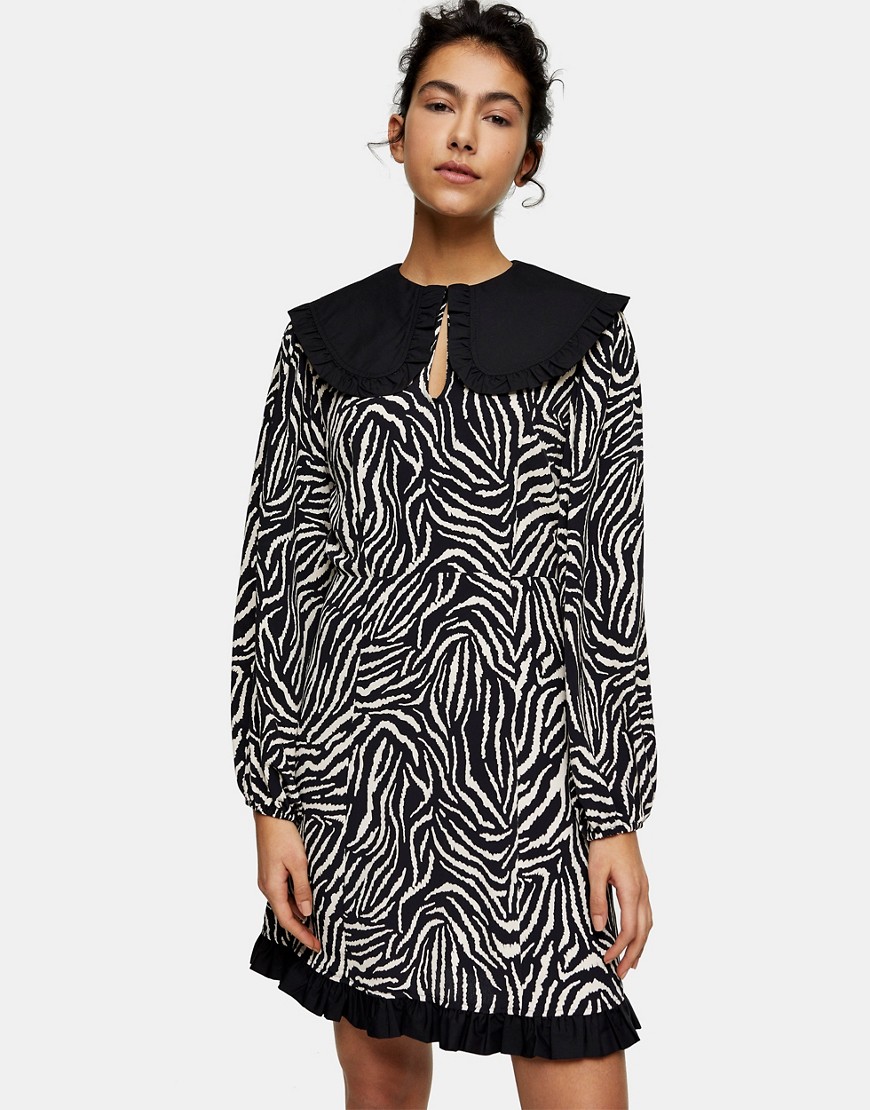 Topshop - Oversized korte nette jurk met kraag in zebraprint-Zwart