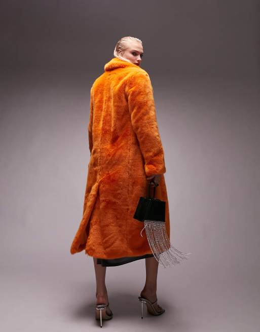 Topshop - Oversized lange jas van imitatiebont in fel oranje, 2 van 4