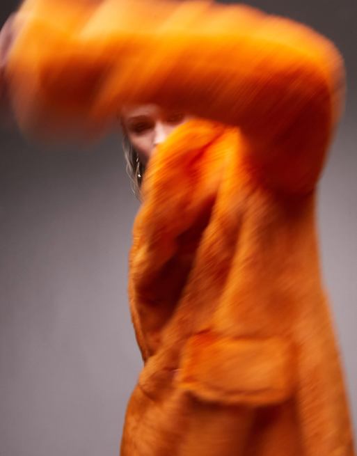 Topshop - Oversized lange jas van imitatiebont in fel oranje, 3 van 4