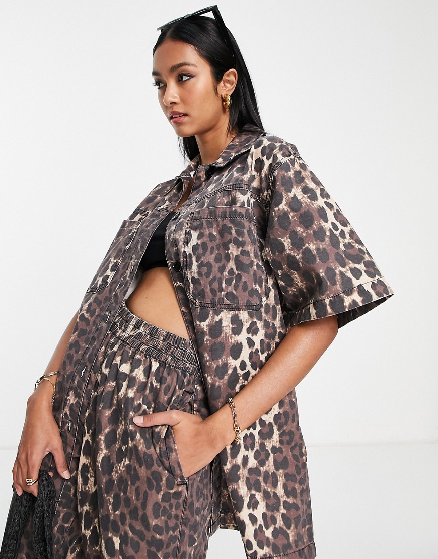 Topshop oversized leopard print short sleeve shirt in brown - part of a set