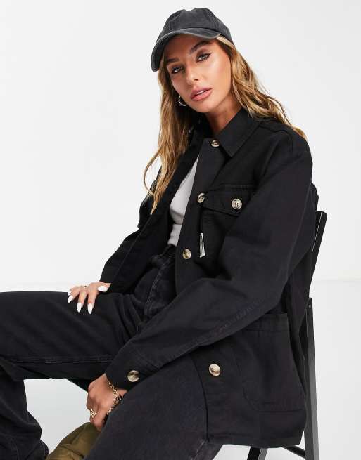Topshop - Oversized lichtgewicht shacket met geweven label in zwart