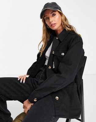 Topshop oversized lightweight shacket with woven label in black