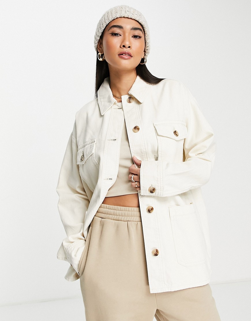 Topshop Oversized Lightweight Shacket With Woven Label In Ecru-White