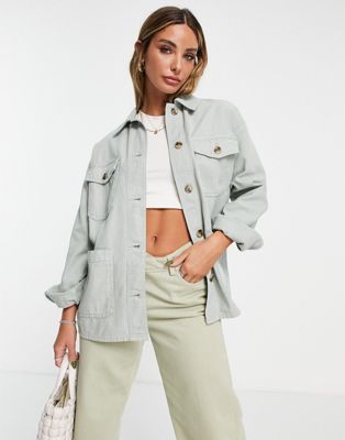 Topshop oversized lightweight shacket with woven label in sage