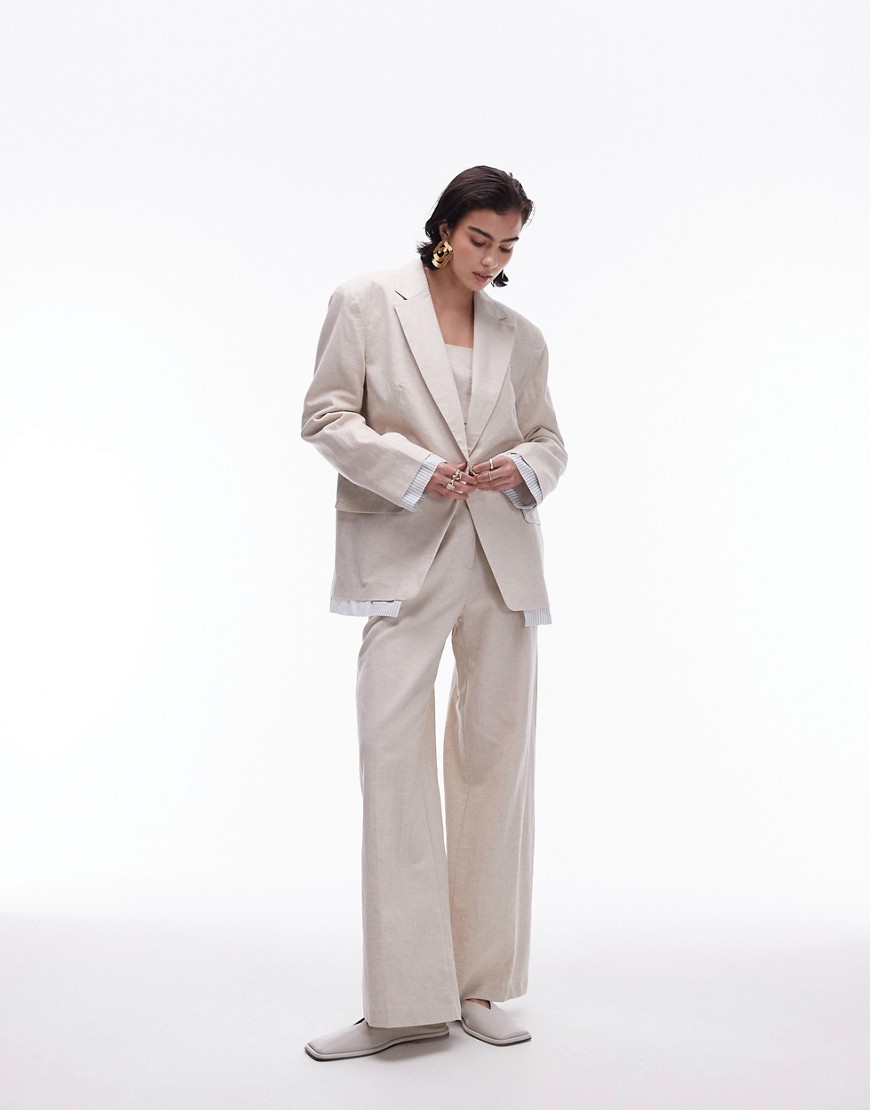 oversized linen blazer with exposed stripe lining in ecru - part of a set-White