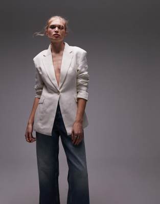 TOPSHOP OVERSIZED LINEN BLEND BLAZER IN CREAM - PART OF A SET-WHITE