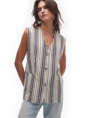 Topshop Oversized Linen Stripe Vest In Multi-neutral