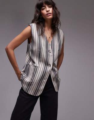 Topshop oversized linen stripe waistcoat in multi