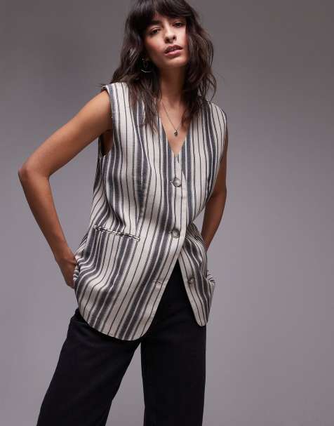 Topshop oversized linen stripe waistcoat in multi - view 1