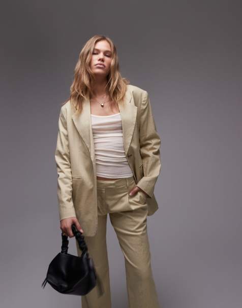 Topshop - Oversized linnen blazer met hoge knoopsluiting  in zandkleur - view 1
