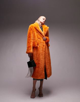 Topshop oversized long-line faux fur coat in bright orange