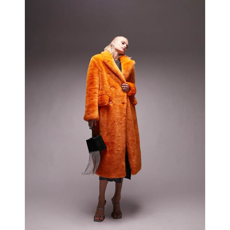 High Neck Faux Fur Coat Orange