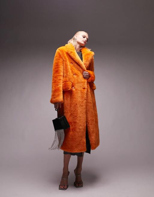 Topshop long-line faux fur coat in orange