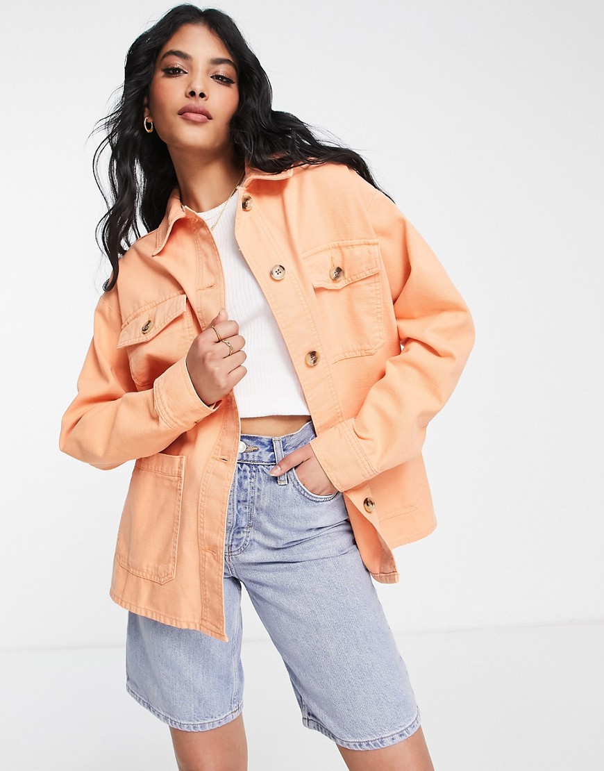 Topshop oversized long sleeve shirt jacket with branded woven label in orange