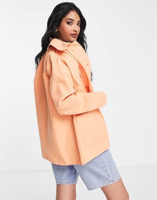 Topshop oversized long sleeve shirt jacket with branded woven label in orange