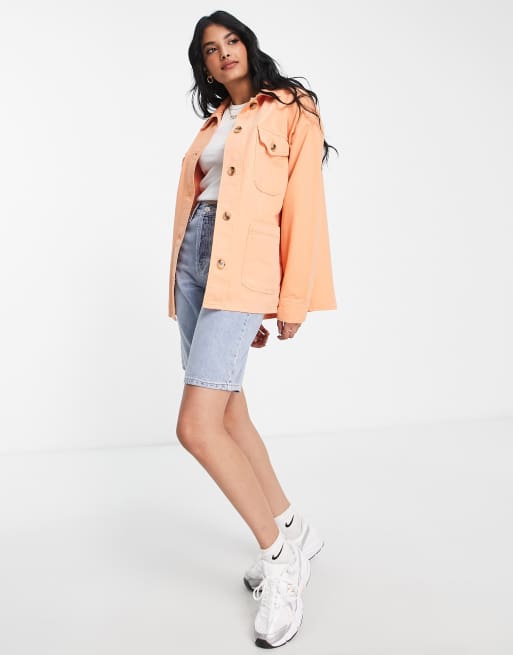 Topshop oversized long sleeve shirt jacket with branded woven label in orange