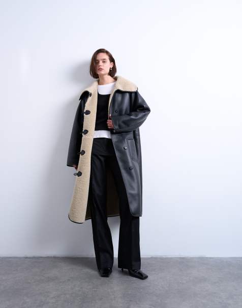Topshop oversized longline coat in black and cream - view 1