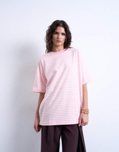 Topshop - Oversized lyserød T-shirt med sænkede skuldre og striber - view 1