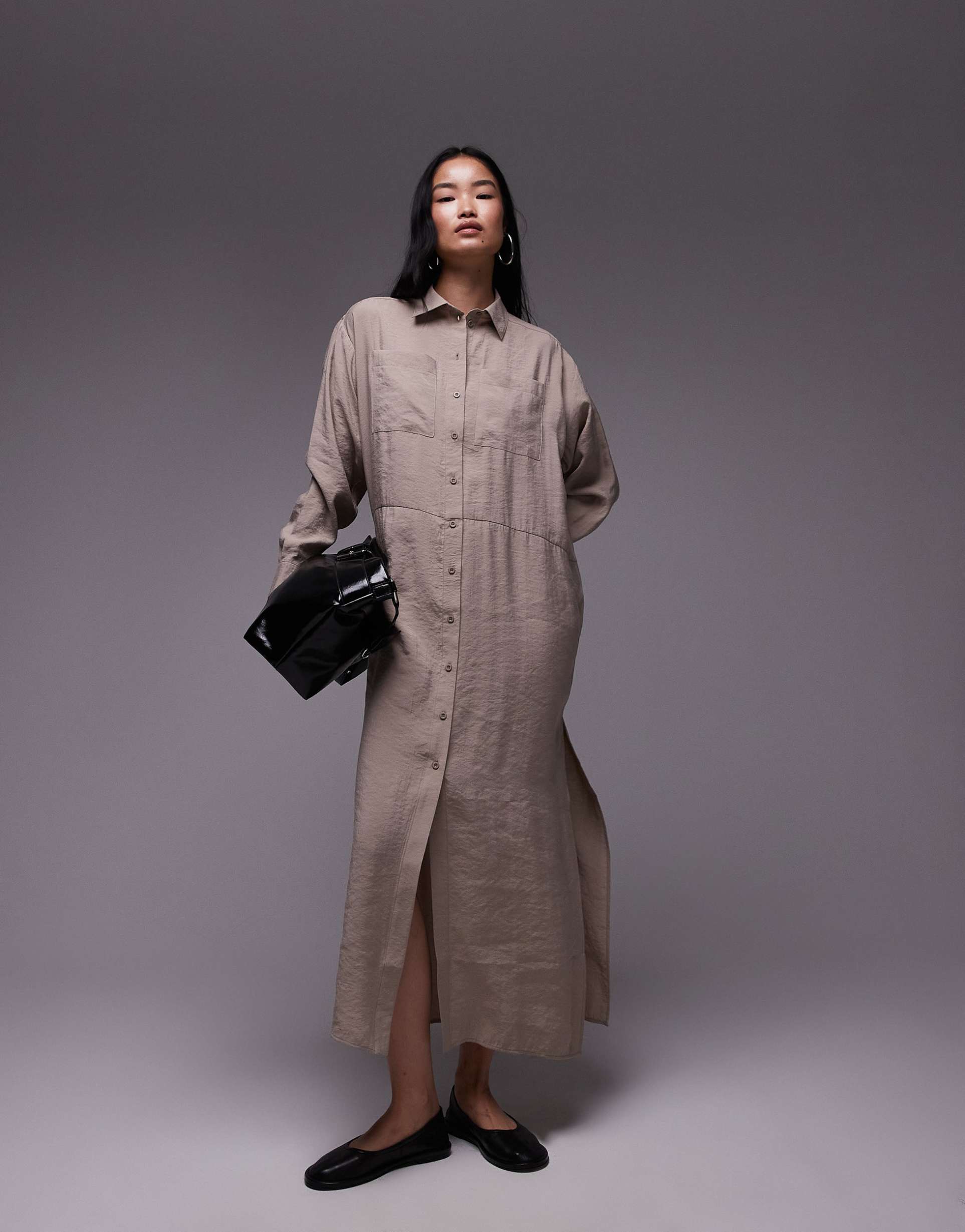 topshop oversized maxi shirt dress in mushroom