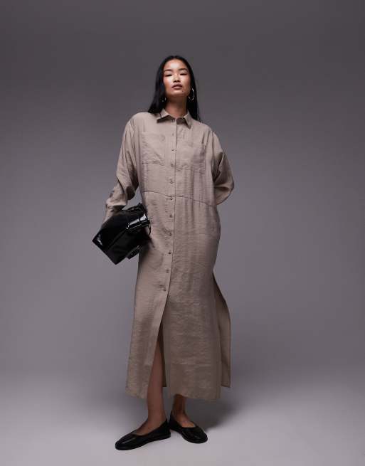 Topshop Oversized Maxi Shirt Dress in mushroom Green