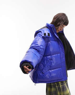 Topshop Oversized Mid Length Puffer Jacket With Detachable Hood In Blue