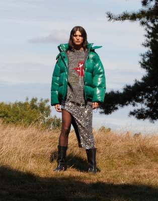 Topshop Oversized Mid Length Puffer Jacket With Detachable Hood In Green