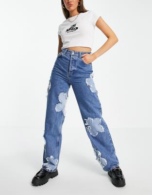 Topshop Oversized Mom Jean With Flower Patches In Mid Blue
