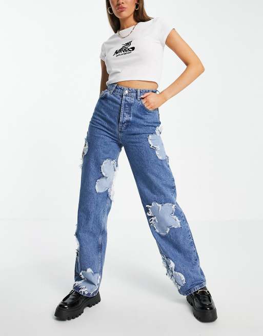 Topshop - Oversized mom jeans met bloemvormige applicaties in middenblauw