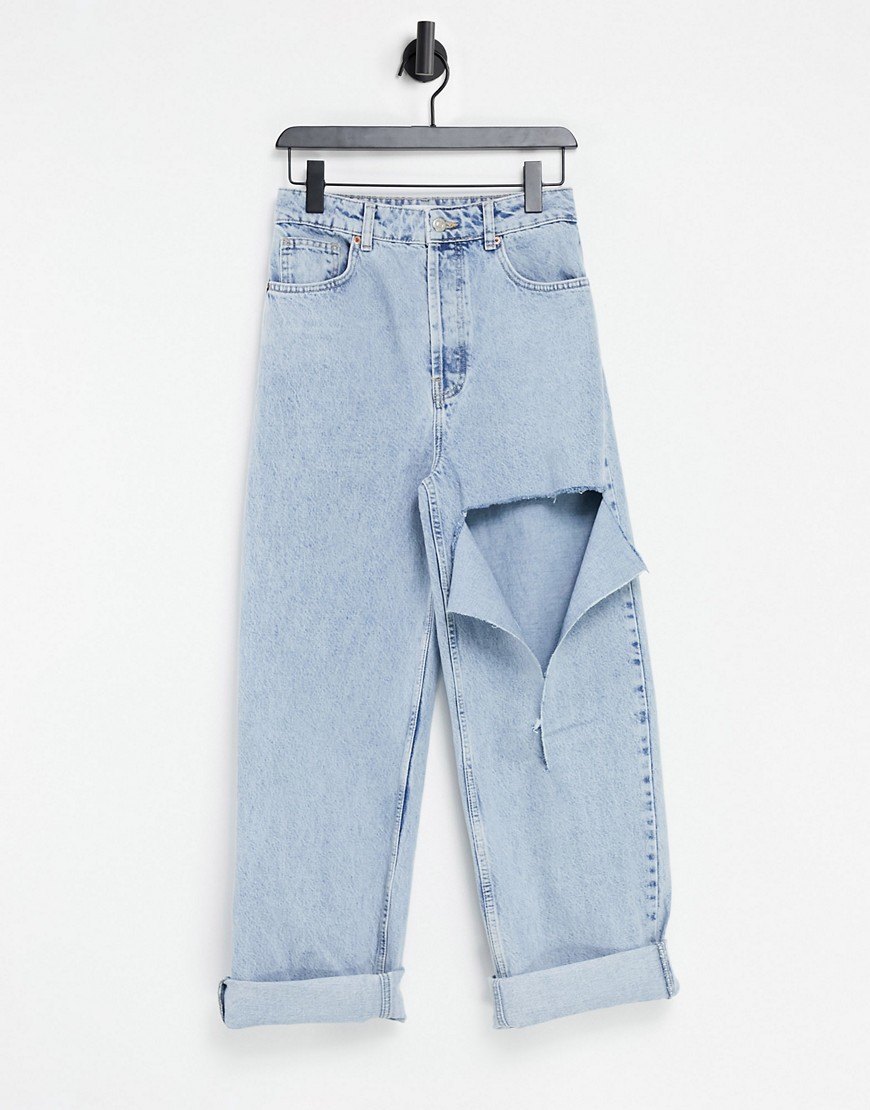 Topshop - Oversized mom jeans met grote scheur in bleekwassing-Blauw